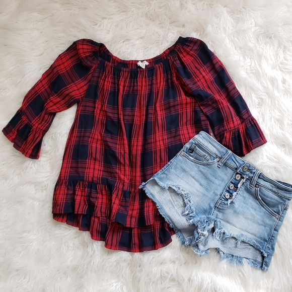 Plaid‎ beach lunch lounge off shoulder top S - Picture 1 of 9